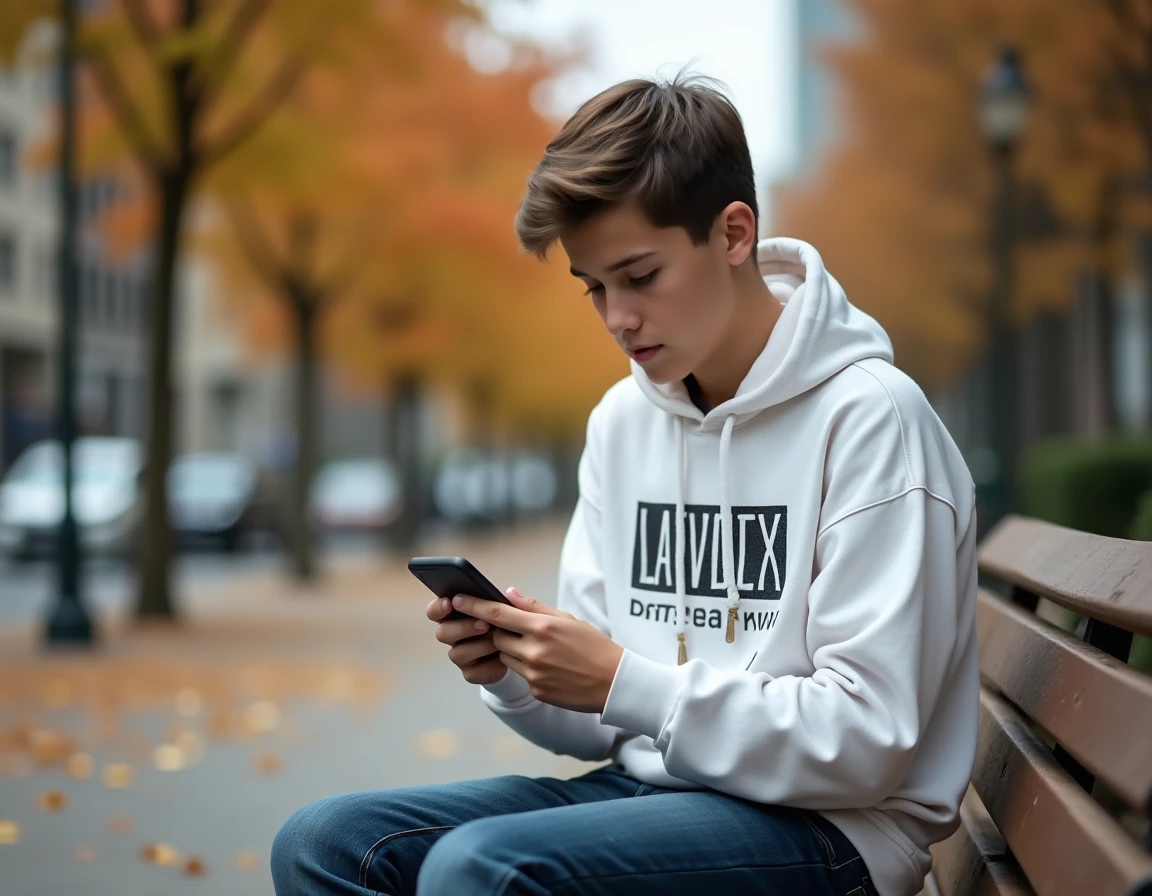 Adolescent dans un parc urbain consultant la consommation de son forfait mobile bloqué sur smartphone