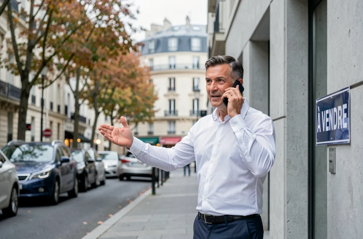 Agent immobilier présentant un bien à vendre devant un immeuble résidentiel moderne en milieu urbain