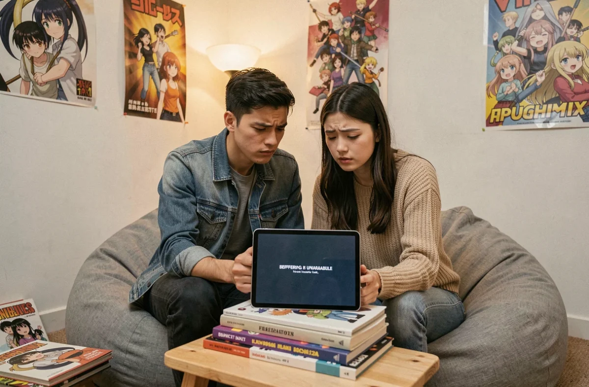 Deux amis assis ensemble cherchant une alternative à Zaltav sur une tablette pour continuer à regarder leurs séries animées préférées