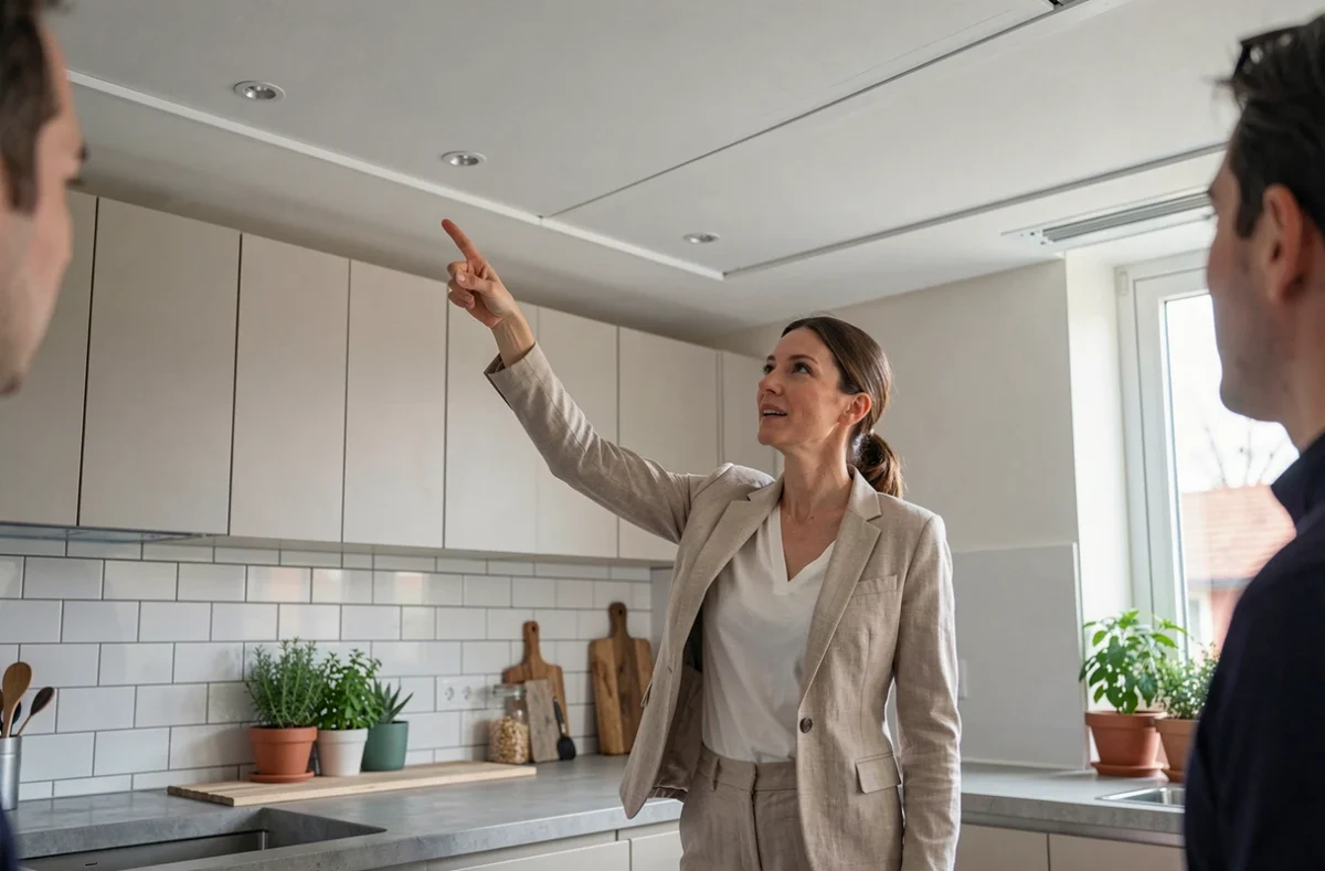 Architecte d'intérieur présentant un plafond tendu PVC dans une cuisine rénovée moderne