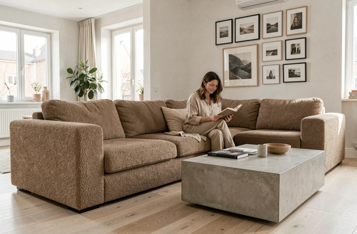Femme assise sur un canapé sectionnel en bouclé taupe dans un salon moderne au style scandinave