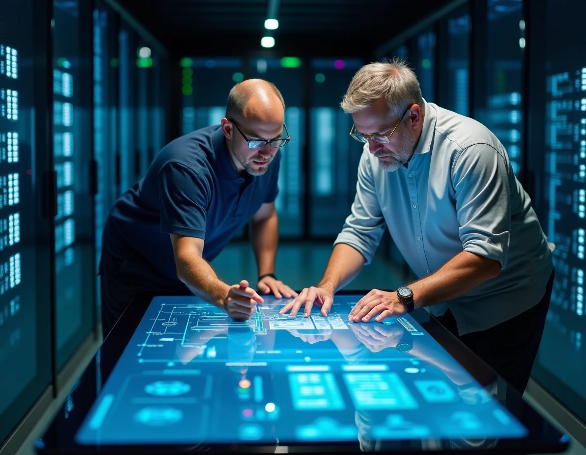 Deux professionnels IT collaborant sur une solution informatique sur-mesure devant un écran tactile de gestion réseau