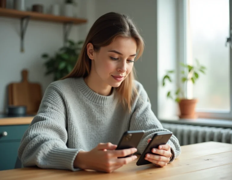 Jeune femme comparant deux smartphones pour choisir un forfait mobile bloqué à la maison