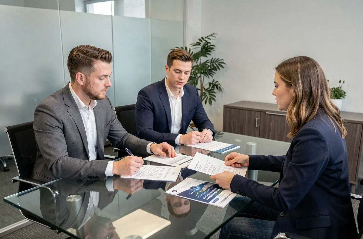 Couple discutant de solutions de financement avec un conseiller financier dans un bureau professionnel
