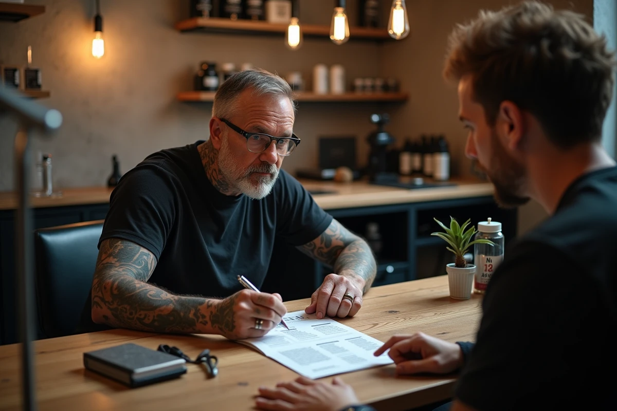 Consultation tarif tatouage lèvre intérieure entre un tatoueur et un client dans un studio haut de gamme