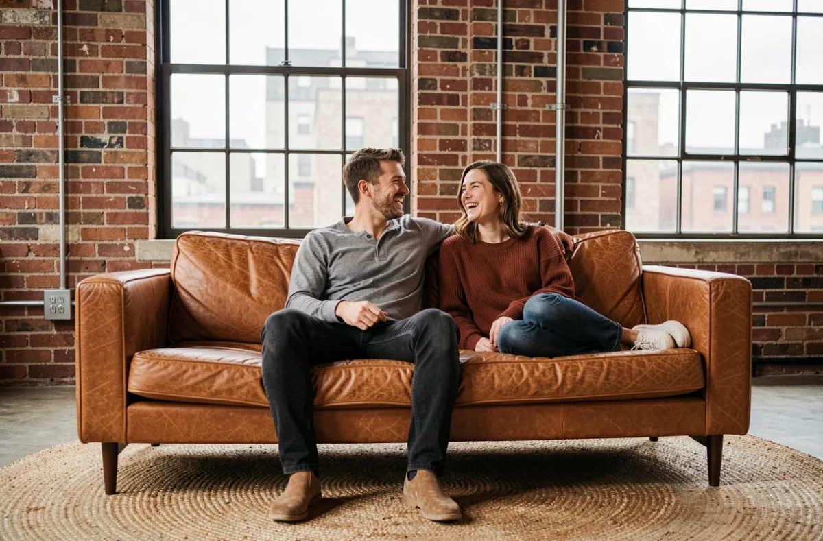 Couple souriant assis sur un canapé en cuir cognac dans un loft urbain avec murs en briques apparentes