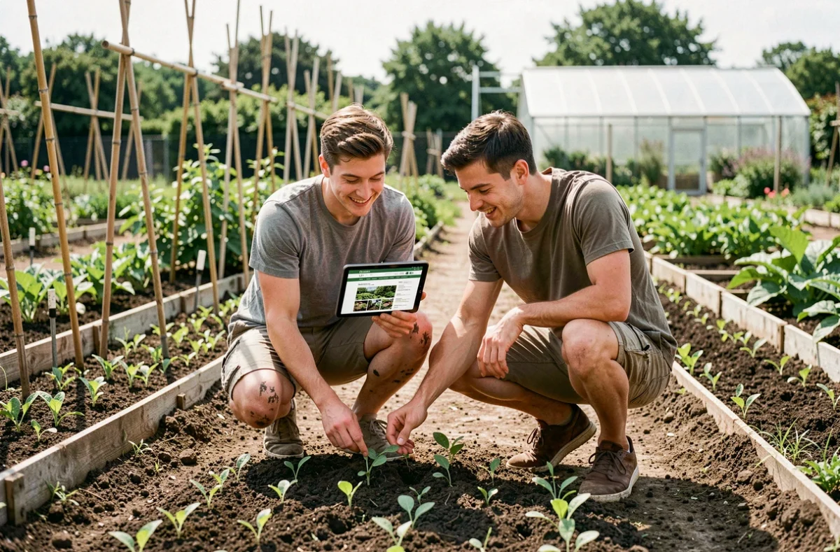 Couple consultant des ressources en ligne sur tablette pour entretenir leurs semis dans un jardin communautaire urbain