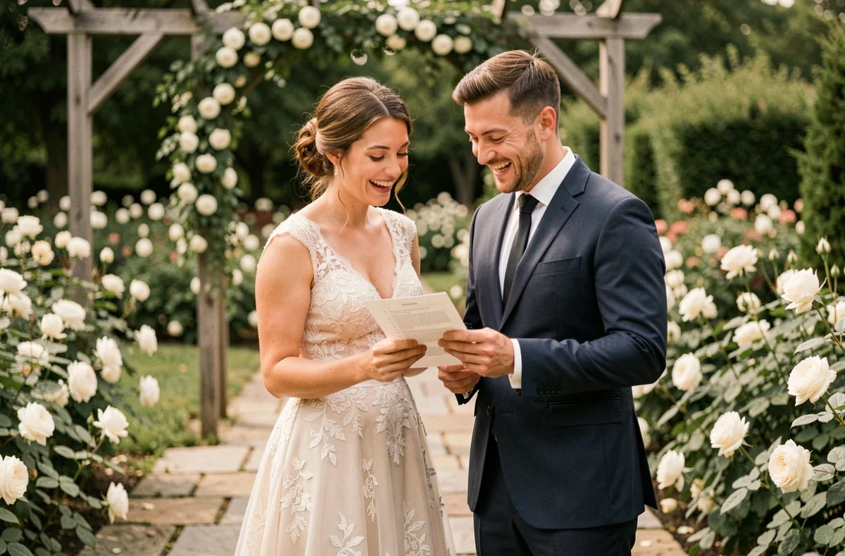 Couple de mariés consultant une liste de préparation de mariage dans un jardin fleuri avec arche en bois