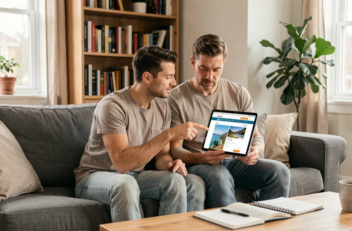 Un couple planifiant leurs vacances ensemble depuis leur salon avec une tablette numérique