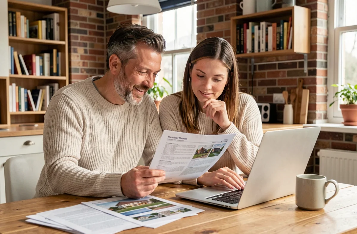 Couple étudiant les actualités immobilières et les annonces de biens à domicile sur ordinateur portable