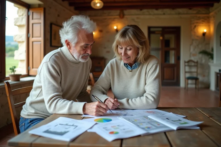 Couple examinant des documents de rénovation énergétique dans une maison secondaire en pierre à la campagne