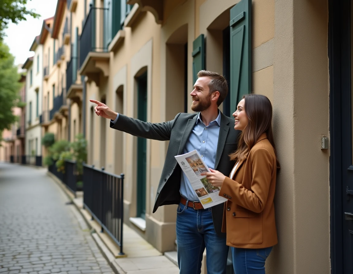 Couple visitant une maison de ville rénovée lors d'une visite immobilière dans une rue résidentielle européenne
