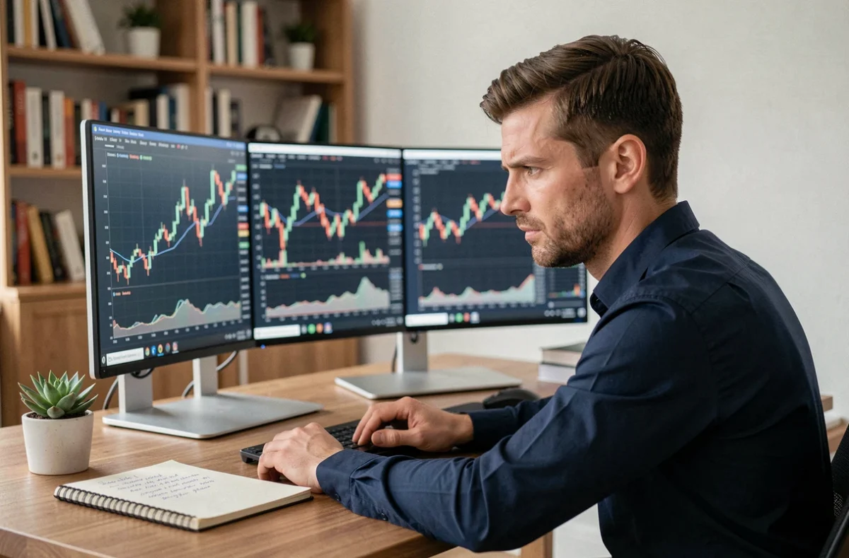 Homme concentré analysant des graphiques boursiers sur deux écrans dans un bureau moderne à domicile