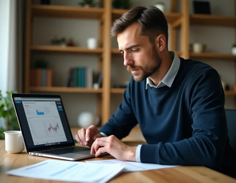 Homme consultant ses documents fiscaux crypto sur un bureau avec un ordinateur portable affichant un portefeuille de cryptomonnaies