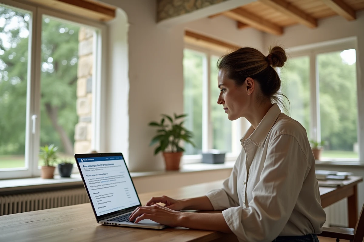 Femme faisant une demande en ligne de MaPrimeRénov pour sa résidence secondaire sur ordinateur portable