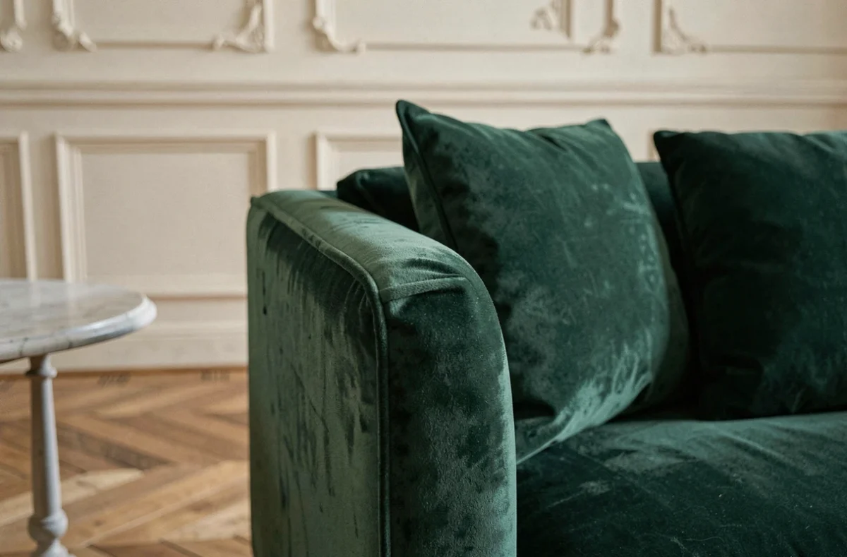 Détail en gros plan d'un canapé en velours vert forêt dans un appartement parisien au décor élégant