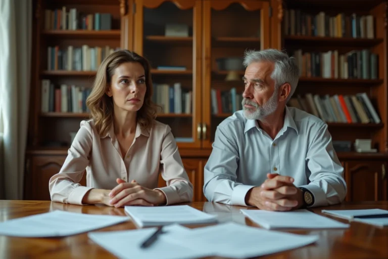 Couple de classe moyenne supérieure assis à distance l'un de l'autre à une table avec des documents légaux, évoquant une procédure de divorce en France