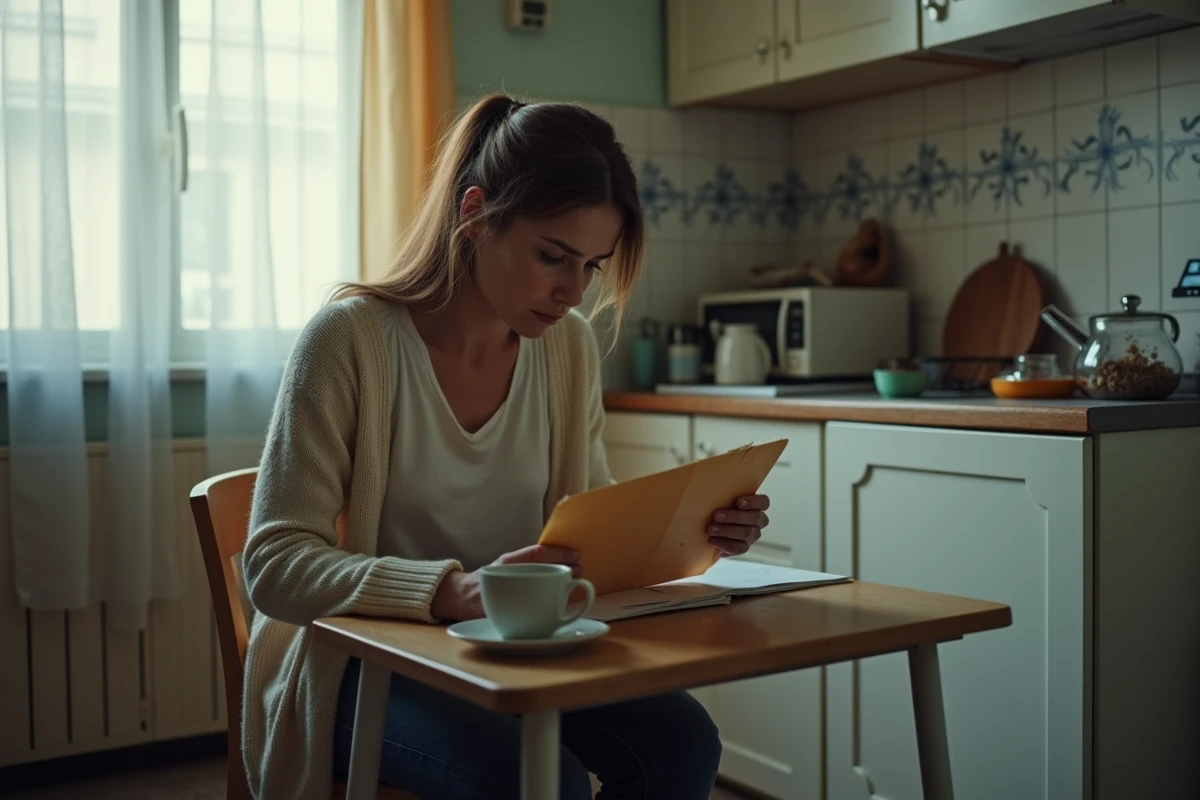 Femme de classe ouvrière tenant une enveloppe juridique dans une cuisine modeste, illustrant l'impact du divorce sur les ménages à faibles revenus en France