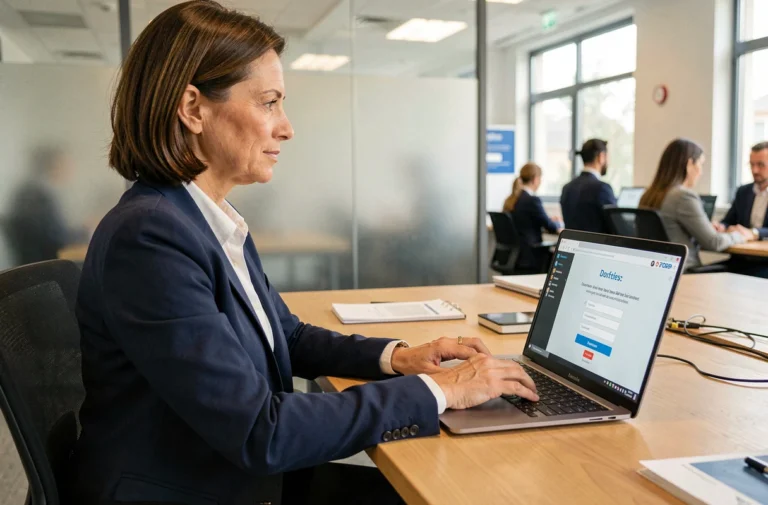 Employée de La Poste connectée à l'extranet GTM sur son ordinateur portable en open space