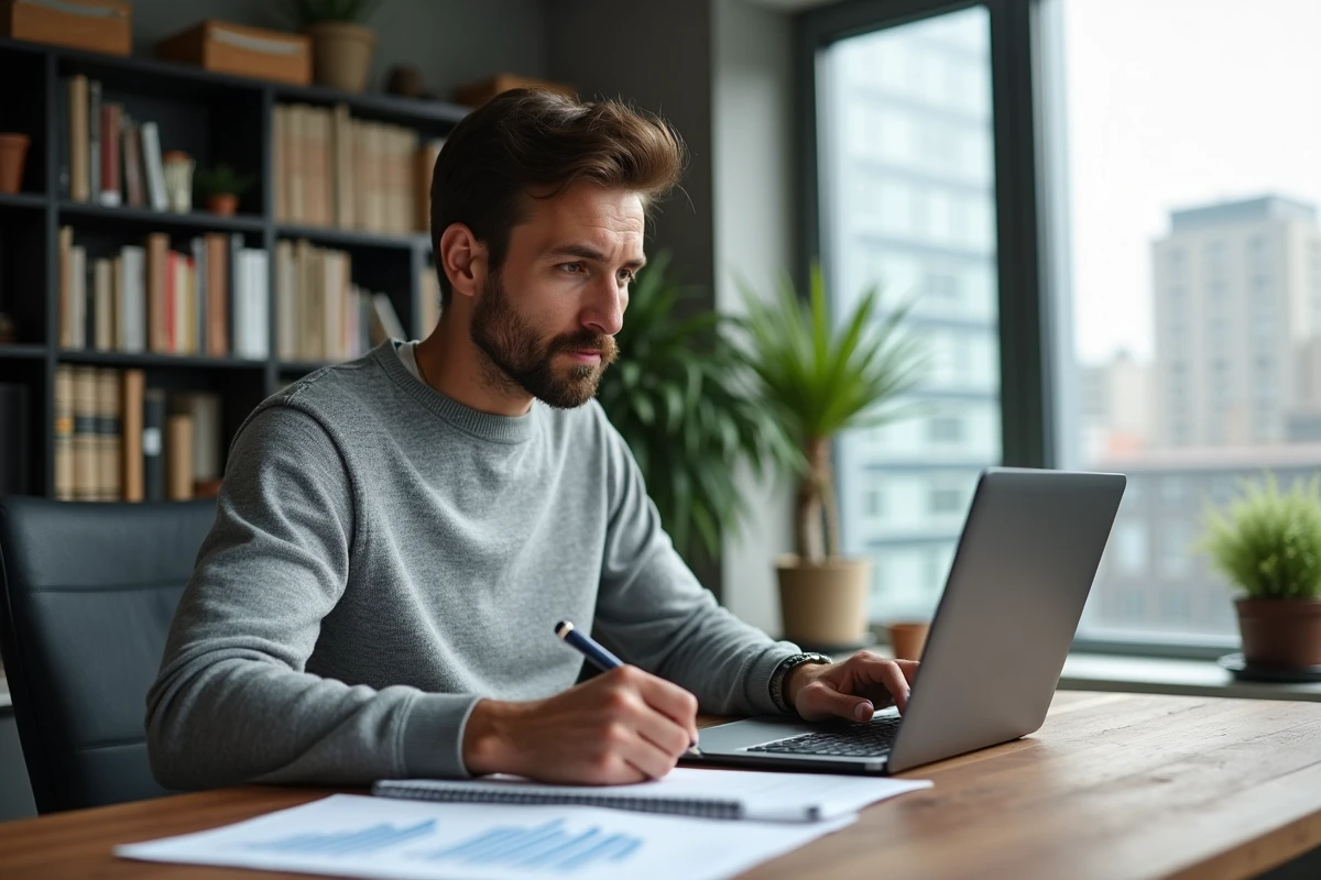 Entrepreneur masculin analysant des rapports de croissance et des stratégies de développement d'entreprise depuis son bureau à domicile