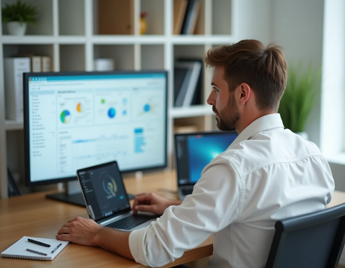 Entrepreneur travaillant à distance sur un logiciel de gestion d'entreprise personnalisé depuis son bureau à domicile