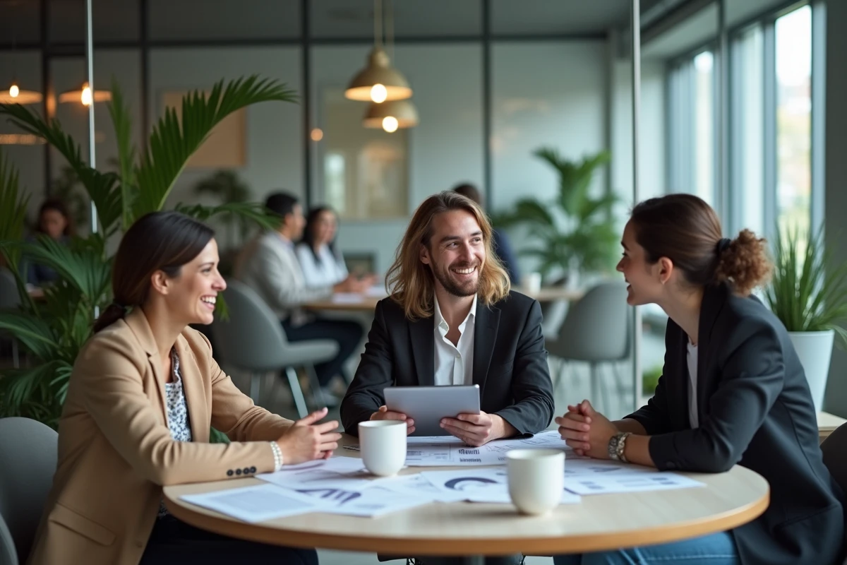 Équipe de professionnels collaborant sur un plan de développement business dans un espace de co-working moderne en 2024