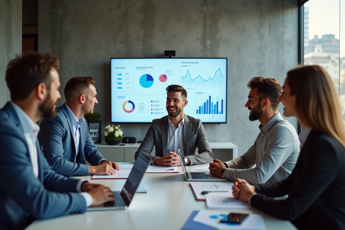 Groupe de jeunes professionnels discutant de marketing