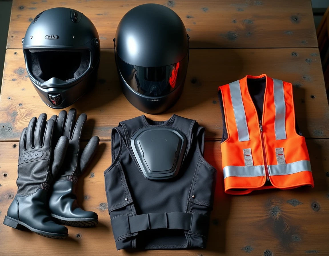 Équipement moto obligatoire en Espagne disposé en flat-lay : casque homologué, gants, bottes et gilet réfléchissant