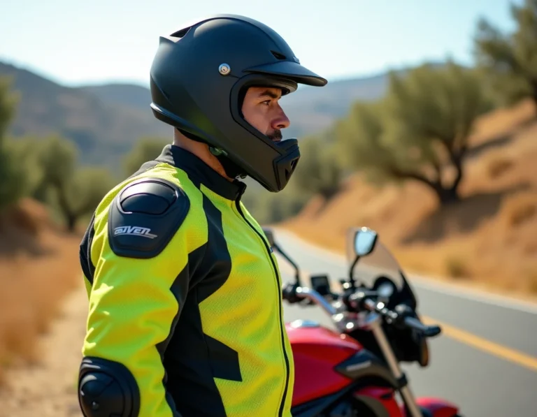Motard en tenue réglementaire complète avec casque homologué et veste de protection devant une moto en Espagne