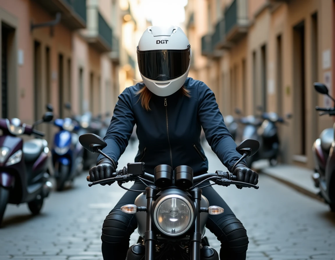 Motarde équipée d'un casque modulable homologué et de bottes de protection dans une ruelle urbaine espagnole à Barcelone