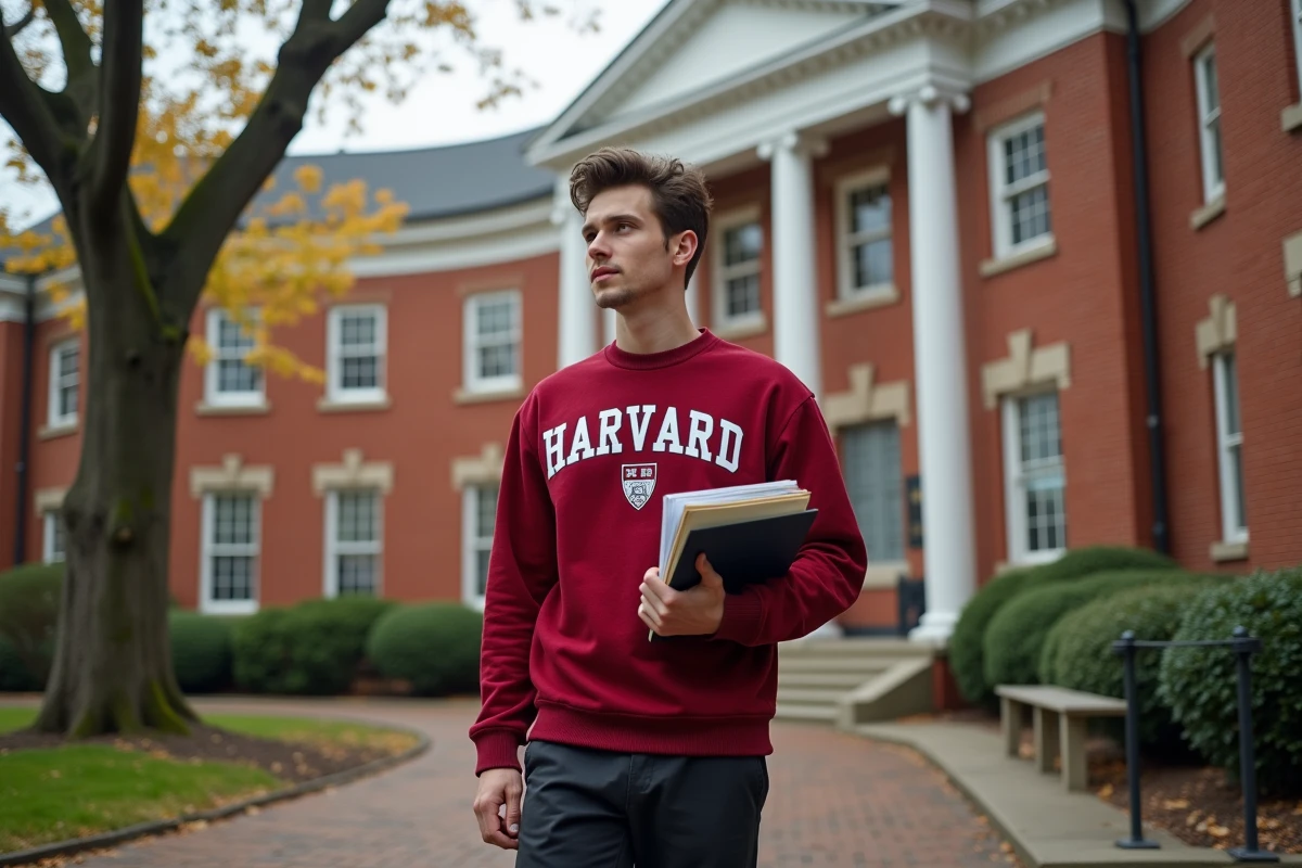 Étudiant en sweatshirt Harvard devant un bâtiment universitaire en brique rouge aux couleurs d'automne