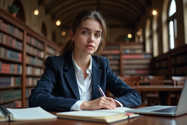 Étudiante concentrée dans une bibliothèque universitaire prestigieuse entourée de manuels scolaires et d'un ordinateur portable