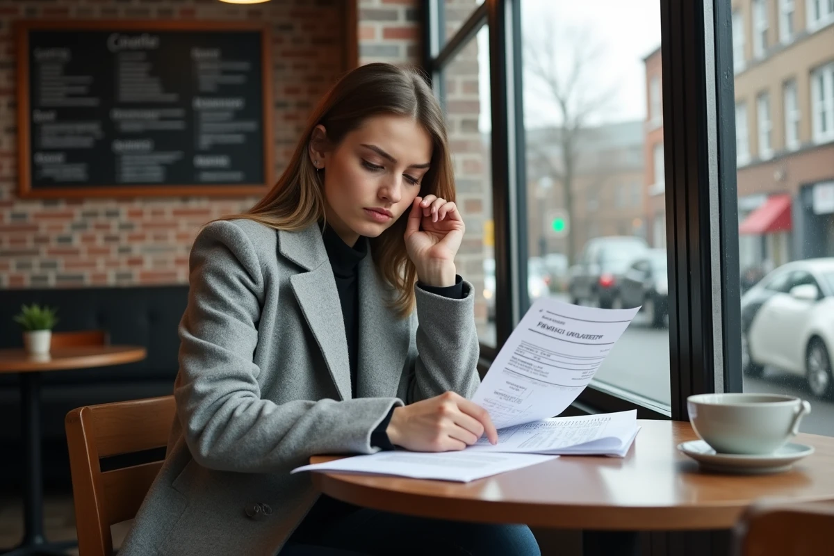 Jeune femme analysant des documents de frais de scolarité universitaires dans un café avec une expression préoccupée