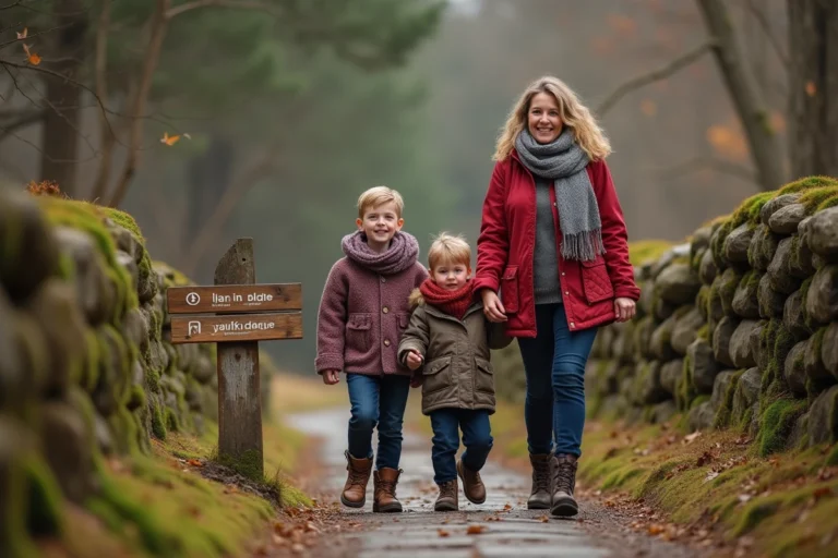 Famille souriante en forêt automnale près de Pierre