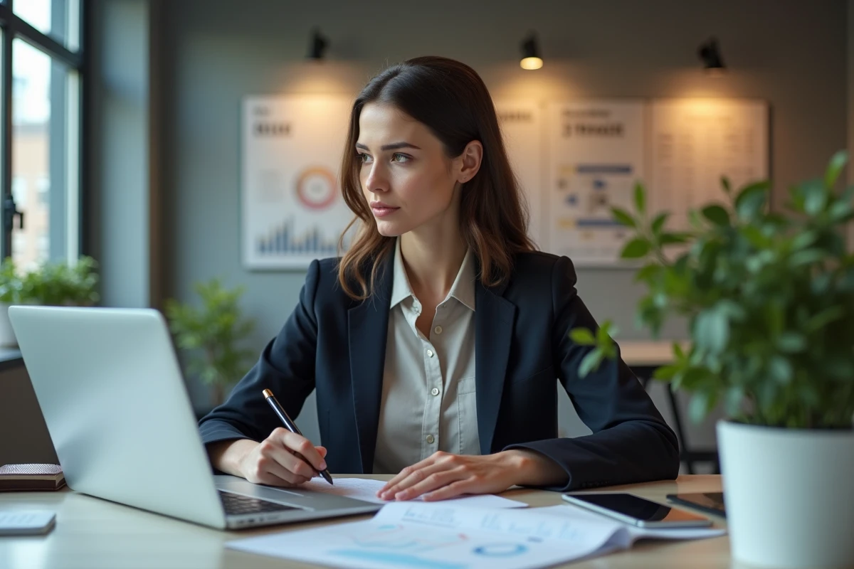 Femme confiante en bureau moderne analysant des données