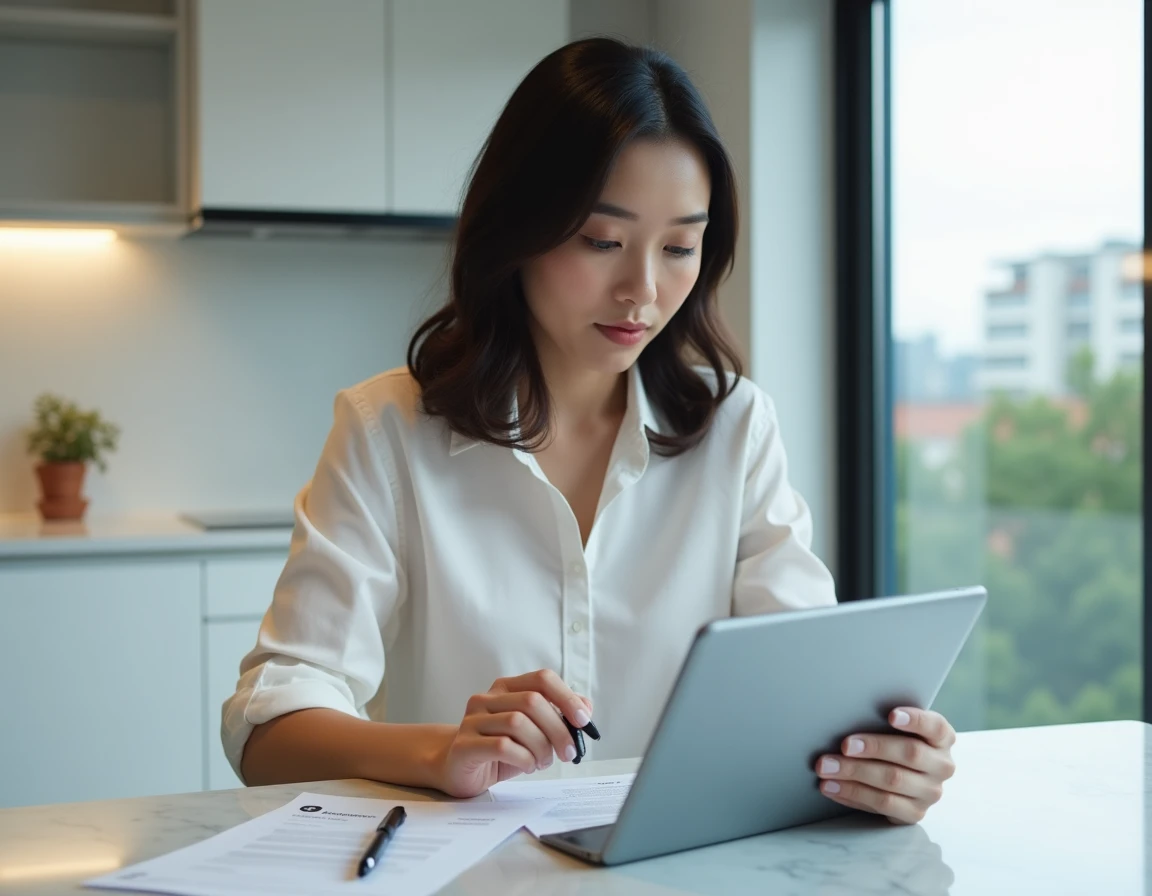 Femme utilisant l'application Crypto.com sur tablette pour préparer sa déclaration fiscale à la maison