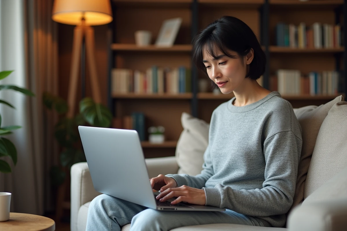 Femme consultant les paramètres BIOS UEFI sur un ordinateur portable HP pour passer en mode Legacy depuis son canapé