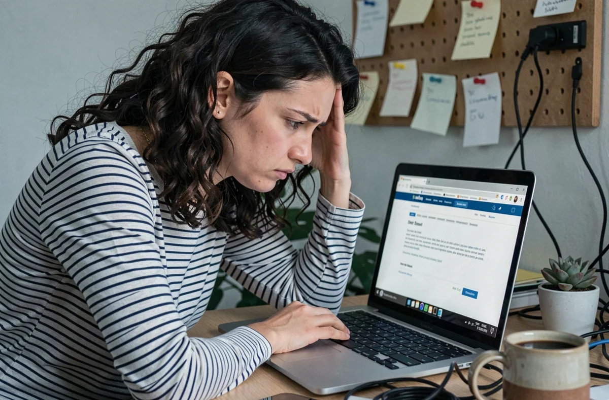Femme confuse devant son ordinateur portable avec une page d'erreur ouverte en cherchant une alternative pour regarder des animes en streaming