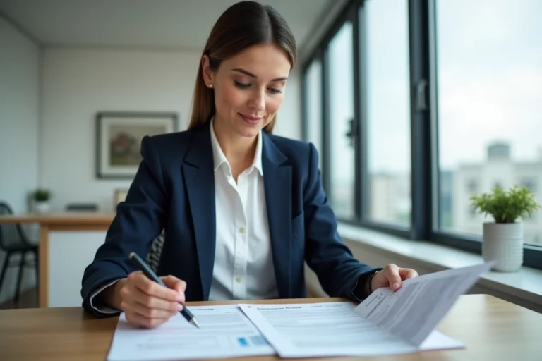 Femme professionnelle examine des contrats de location dans un appartement lumineux