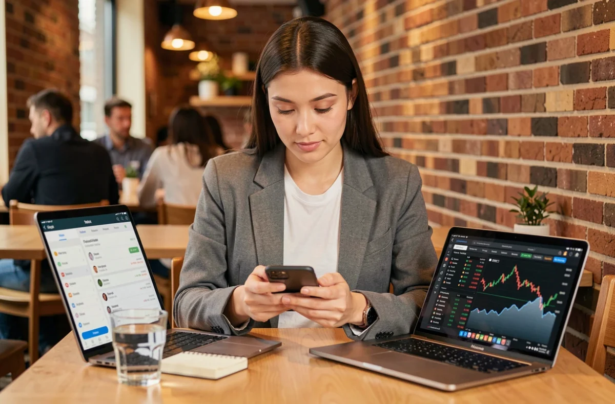 Jeune femme consultant une application de trading boursier sur smartphone dans un café moderne
