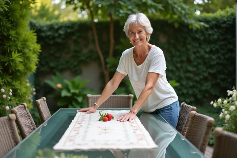 Femme posant un chemin de table dans un jardin en été