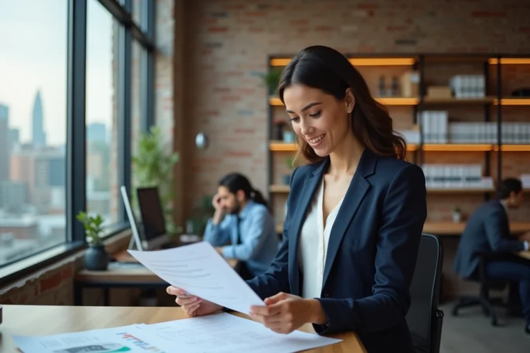Femme entrepreneur en blazer marine analysant des documents dans un espace de co-working moderne pour booster sa réussite entrepreneuriale
