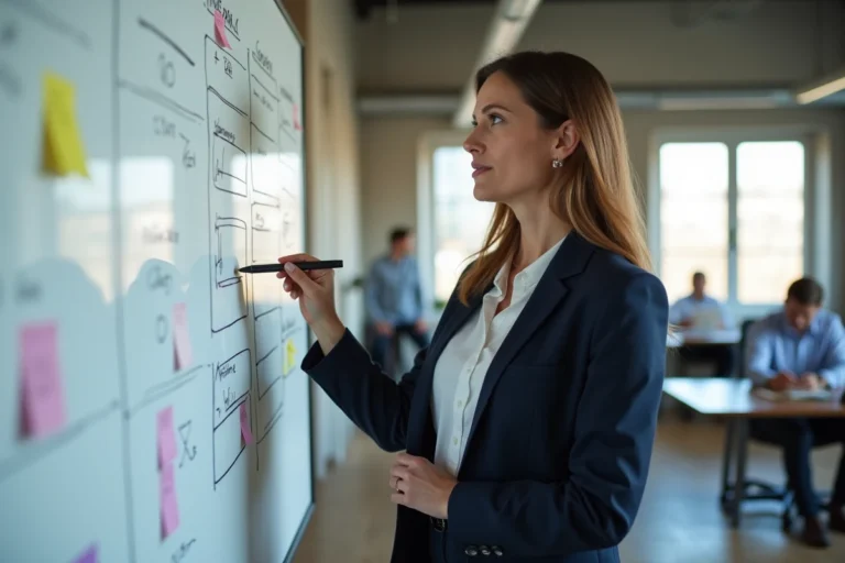 Femme entrepreneur présentant une stratégie business sur un tableau blanc dans un bureau moderne en 2024