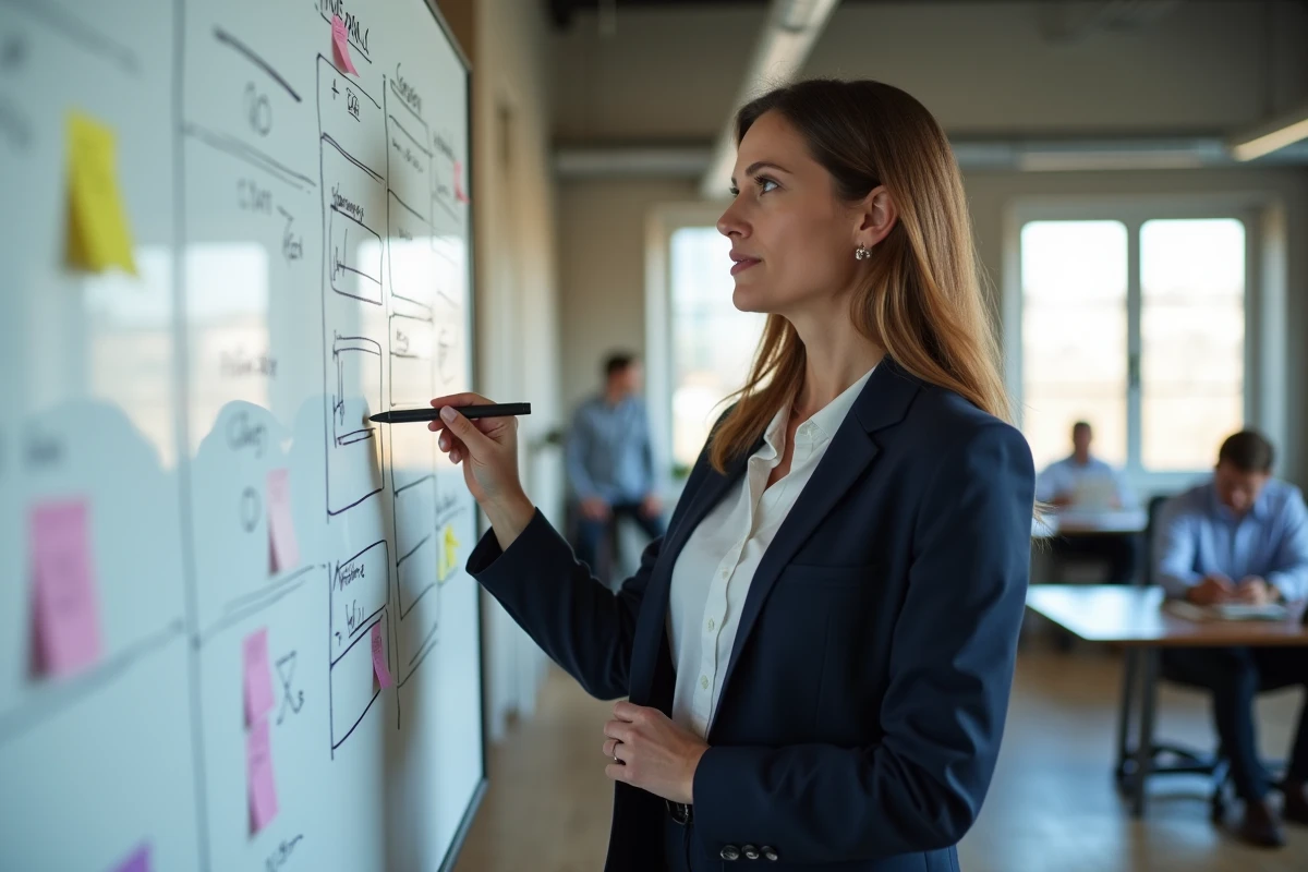 Femme entrepreneur présentant une stratégie business sur un tableau blanc dans un bureau moderne en 2024