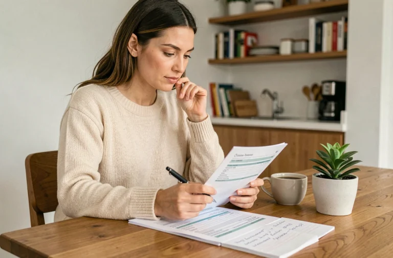 Femme gérant son budget personnel à la table de cuisine avec des relevés bancaires et des notes manuscrites