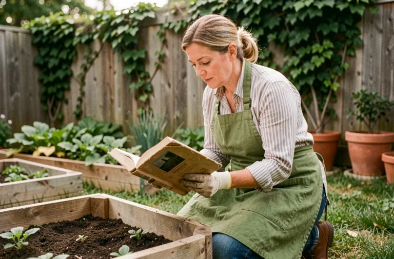 Femme jardinière consultant un guide de jardinage auprès de son potager surélevé dans un jardin verdoyant
