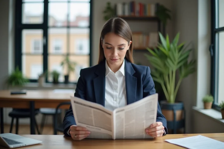 Femme lisant un journal dans un appartement moderne, illustrant l'actualité de la semaine