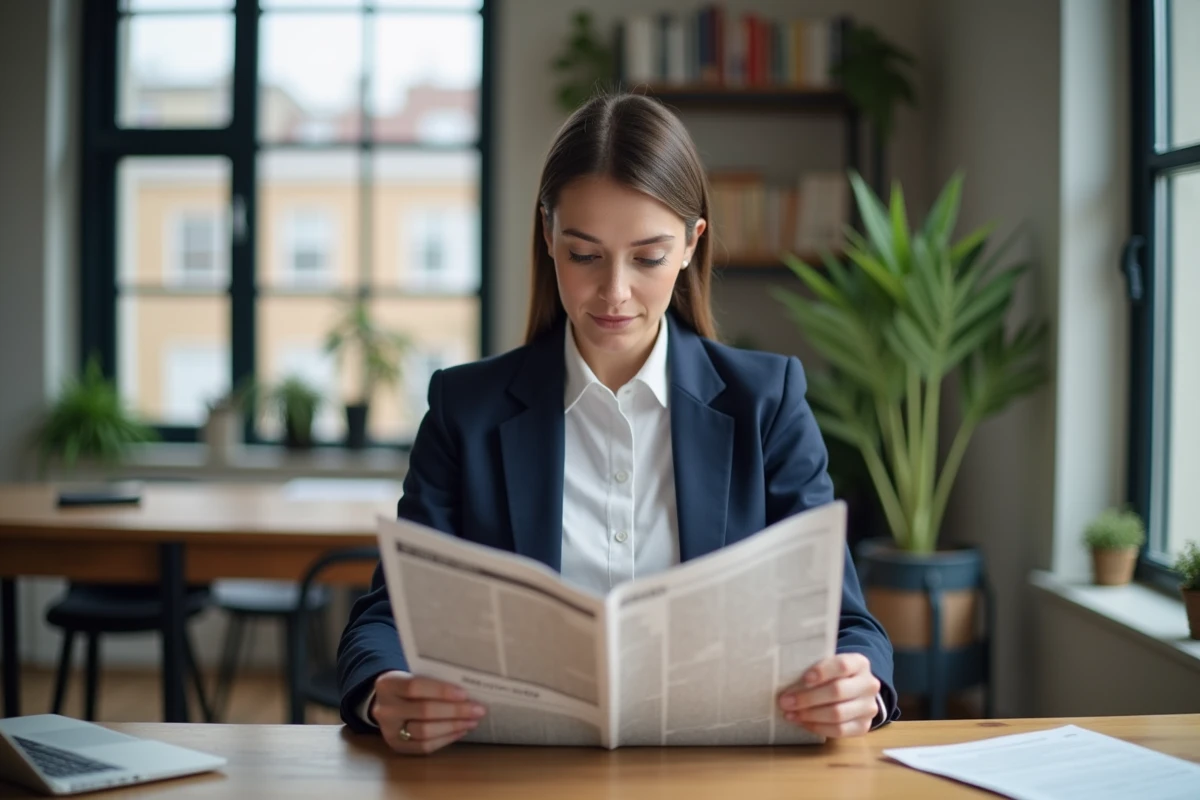 Femme lisant un journal dans un appartement moderne, illustrant l'actualité de la semaine