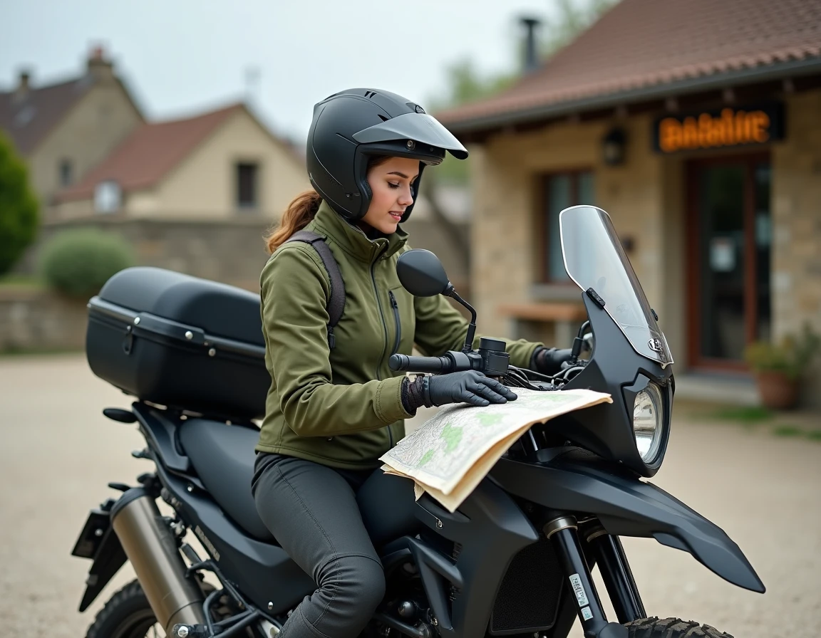 Femme motarde consultant une carte routière sur sa moto adventure devant un village français