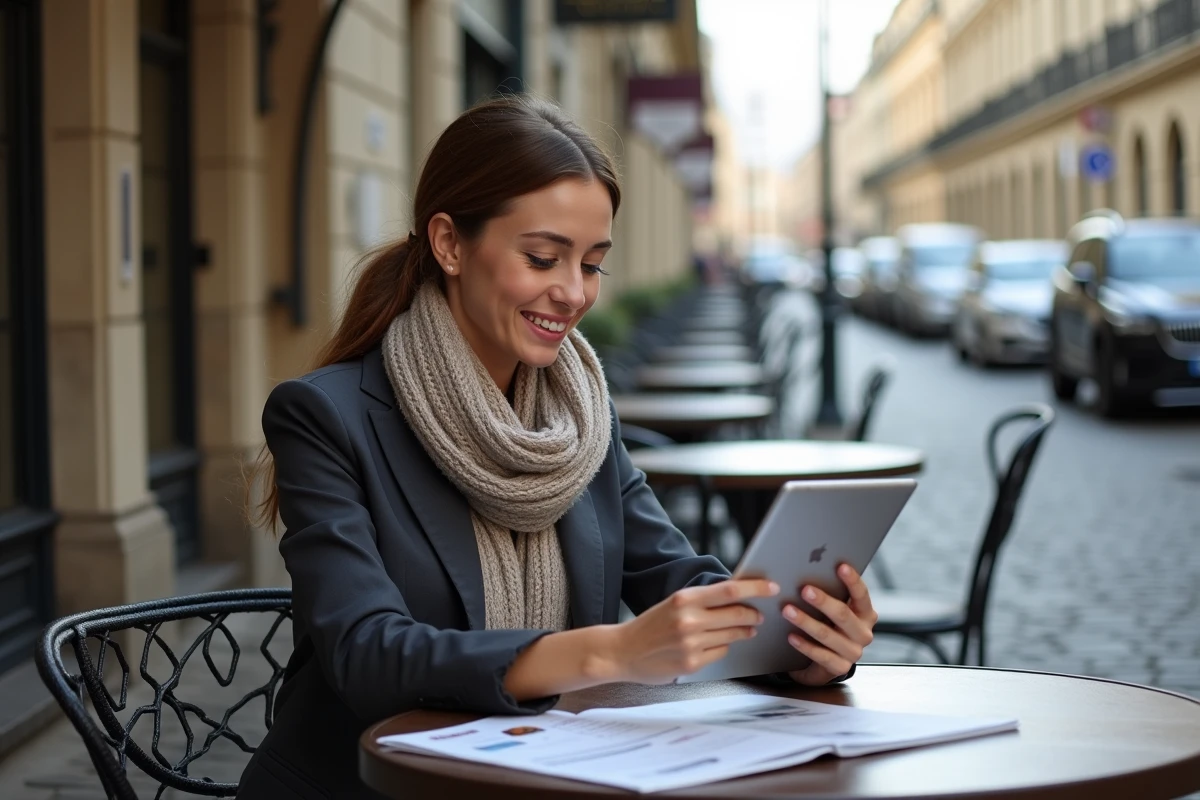 Jeune femme cherchant une voiture dans un café parisien